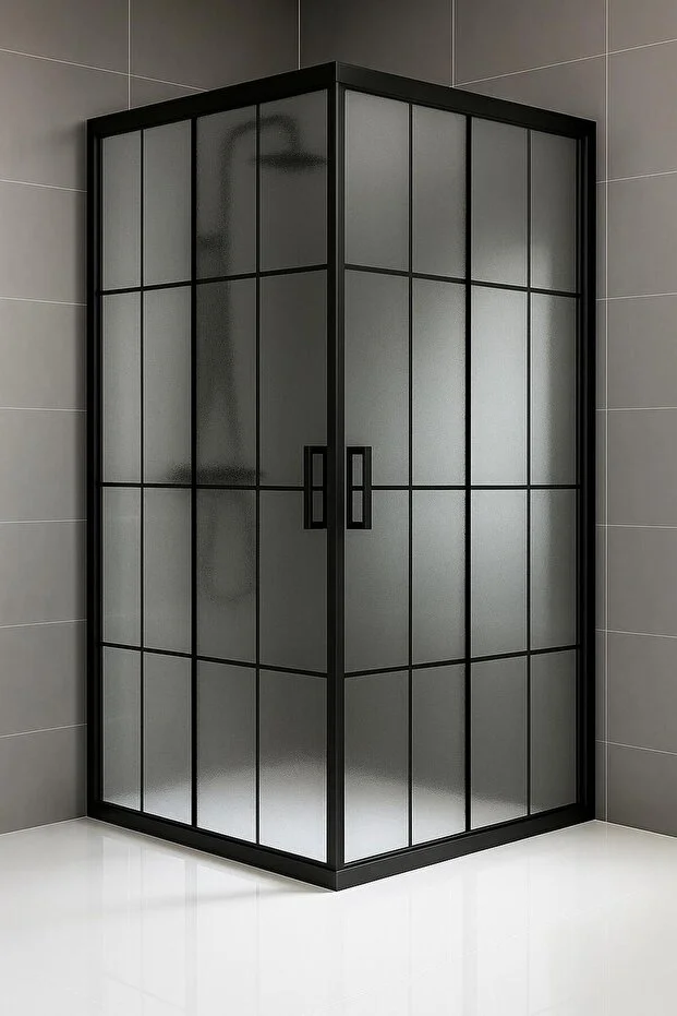 Kare Siyah Çizgi Karolaj Buzlu Desenli 5 mm Temperli Cam Sürgülü Kapılı Duş Teknesiz Duşakabin